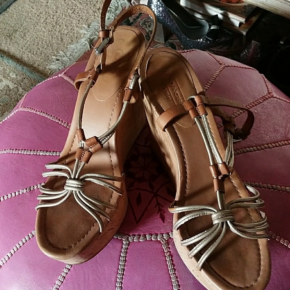 Tan and gold Coach wedge sandals 9.5